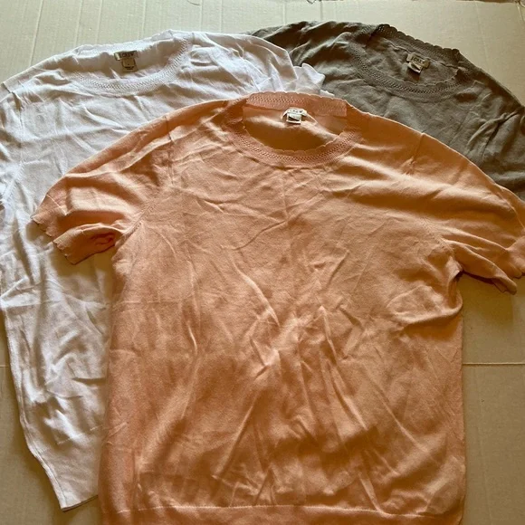 Women’s Set of 3 J. Crew Scalloped Short Sleeve Crewneck Cotton Sweater Sz L - Picture 1 of 10
